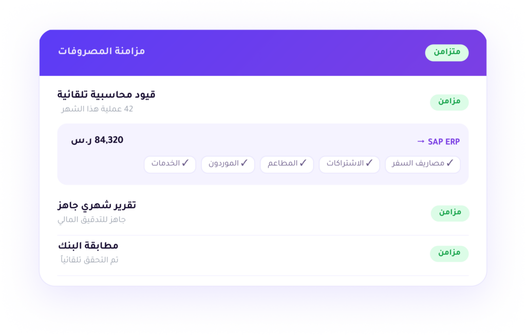 منصة إنفاق - لوحة التكامل المحاسبي مع ERP لمزامنة المصروفات والقيود المحاسبية التلقائية ومطابقة البنك